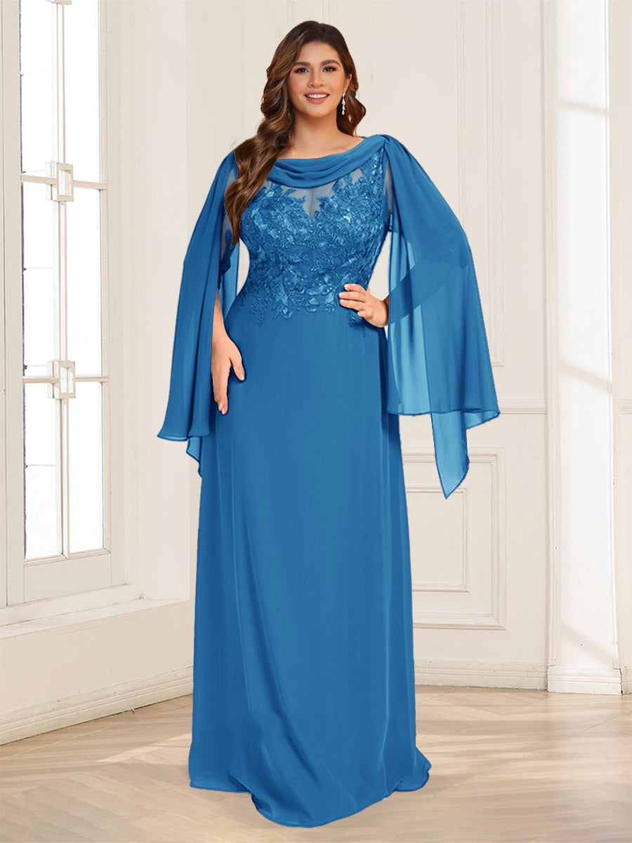 A-Line/Princess Scoop Half Sleeves Floor-Length Plus Size Mother of the Bride Dresses with Lace &amp; Ruched