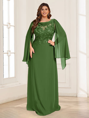 A-Line/Princess Scoop Half Sleeves Floor-Length Plus Size Mother of the Bride Dresses with Lace & Ruched