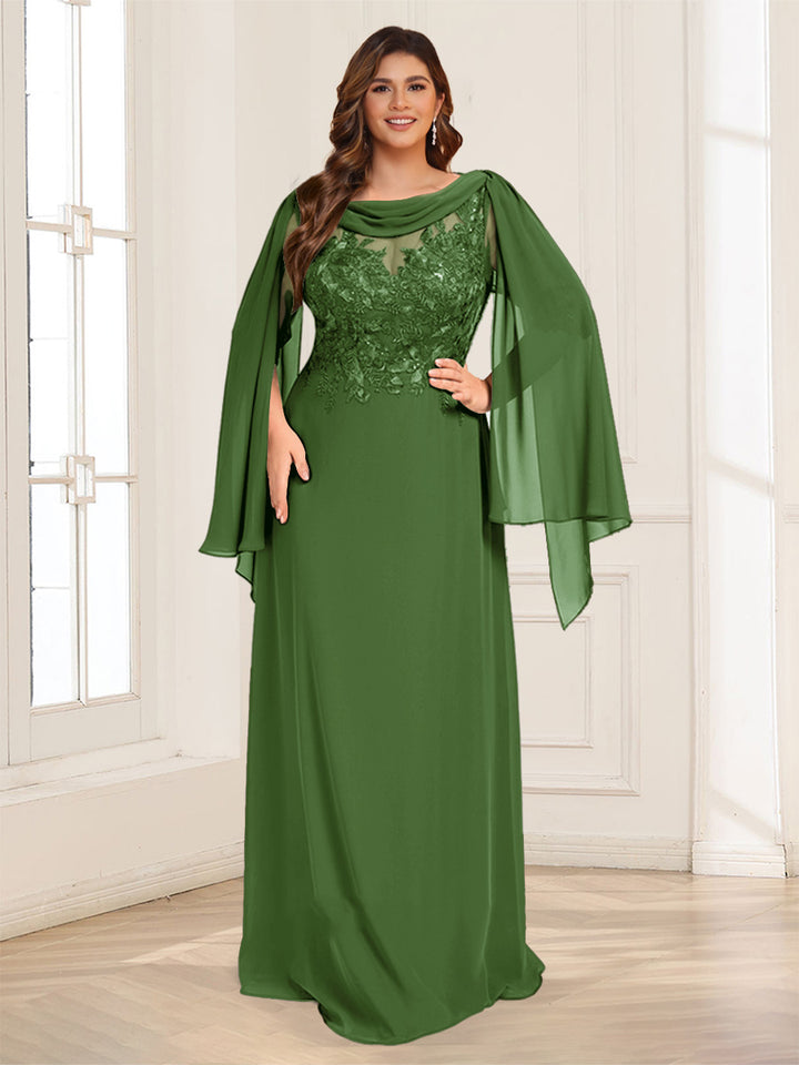 A-Line/Princess Scoop Half Sleeves Floor-Length Plus Size Mother of the Bride Dresses with Lace &amp; Ruched
