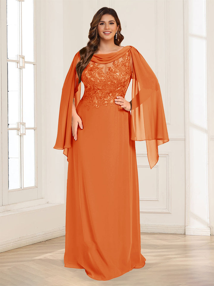 A-Line/Princess Scoop Half Sleeves Floor-Length Plus Size Mother of the Bride Dresses with Lace &amp; Ruched