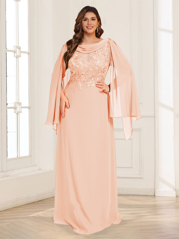 A-Line/Princess Scoop Half Sleeves Floor-Length Plus Size Mother of the Bride Dresses with Lace & Ruched