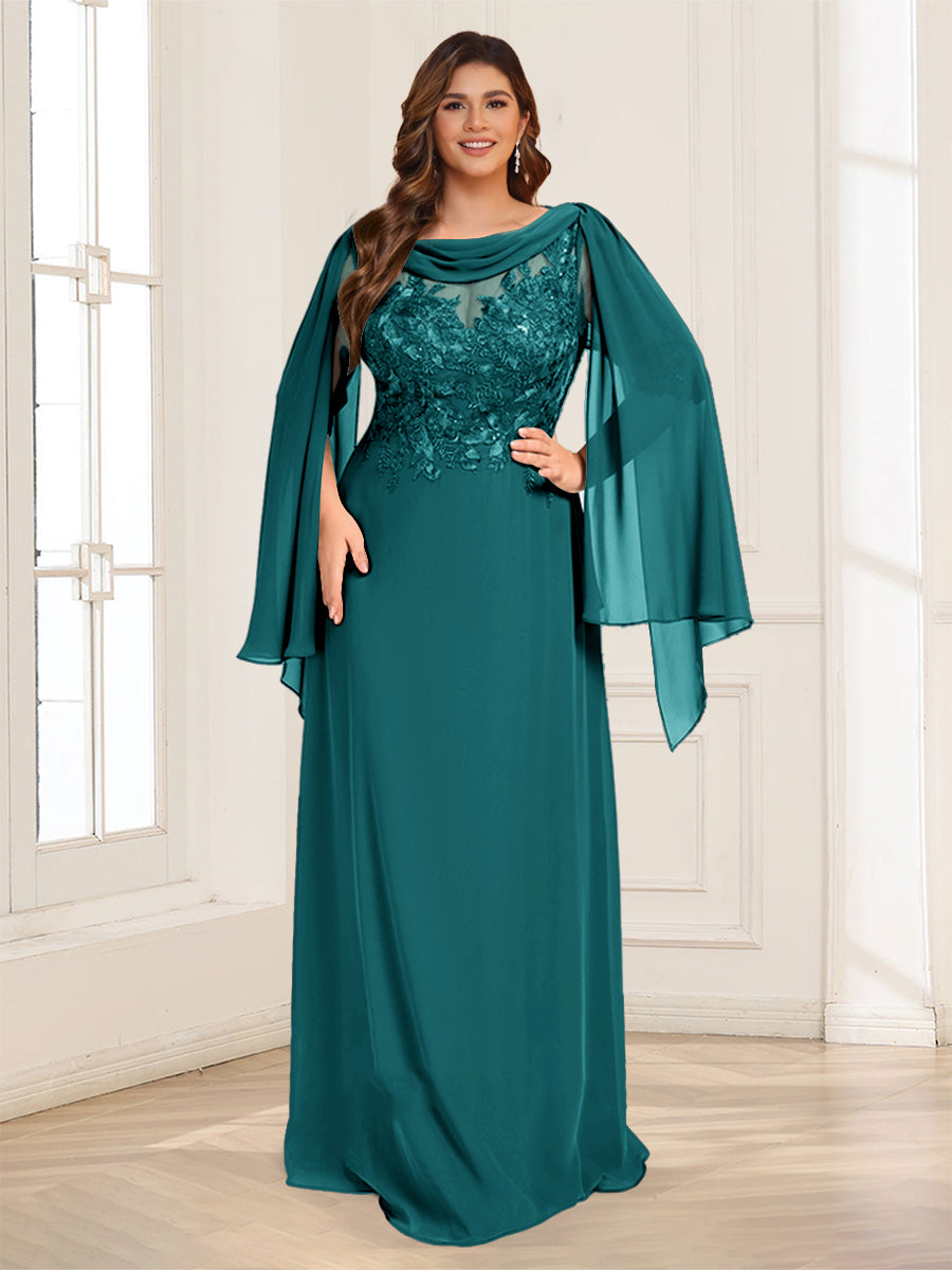 A-Line/Princess Scoop Half Sleeves Floor-Length Plus Size Mother of the Bride Dresses with Lace &amp; Ruched