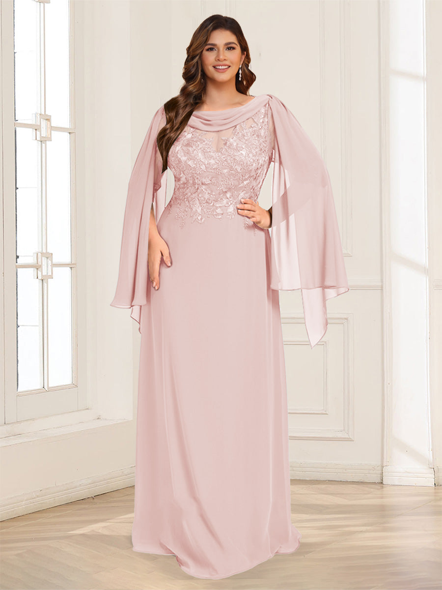 A-Line/Princess Scoop Half Sleeves Floor-Length Plus Size Mother of the Bride Dresses with Lace &amp; Ruched