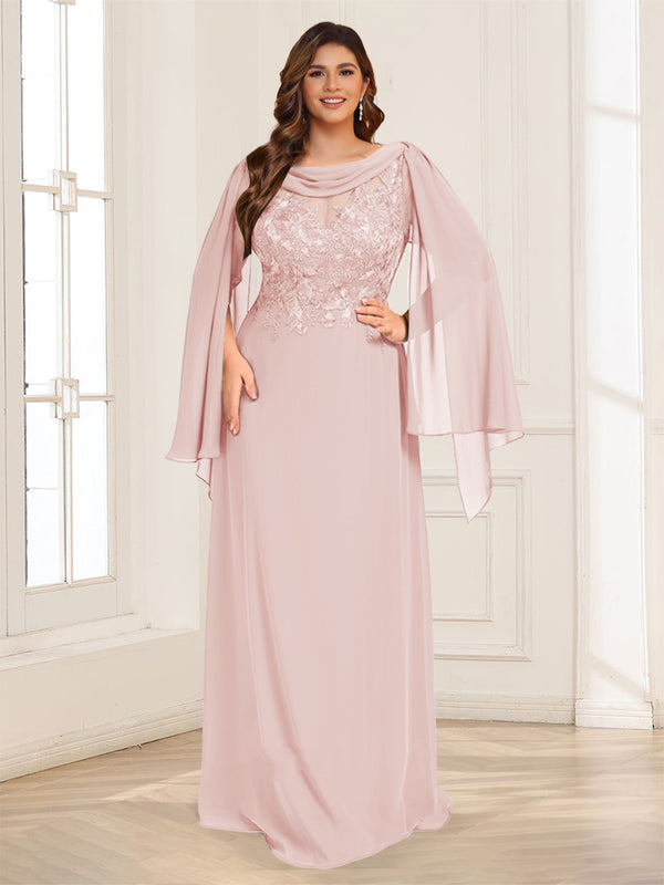 A-Line/Princess Scoop Half Sleeves Floor-Length Plus Size Mother of the Bride Dresses with Lace & Ruched