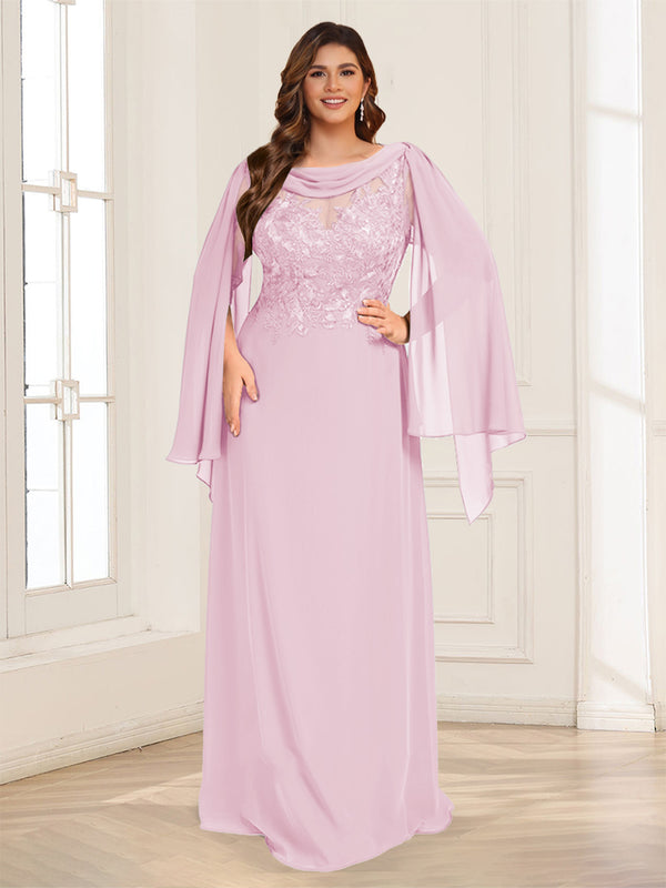 A-Line/Princess Scoop Half Sleeves Floor-Length Plus Size Mother of the Bride Dresses with Lace & Ruched