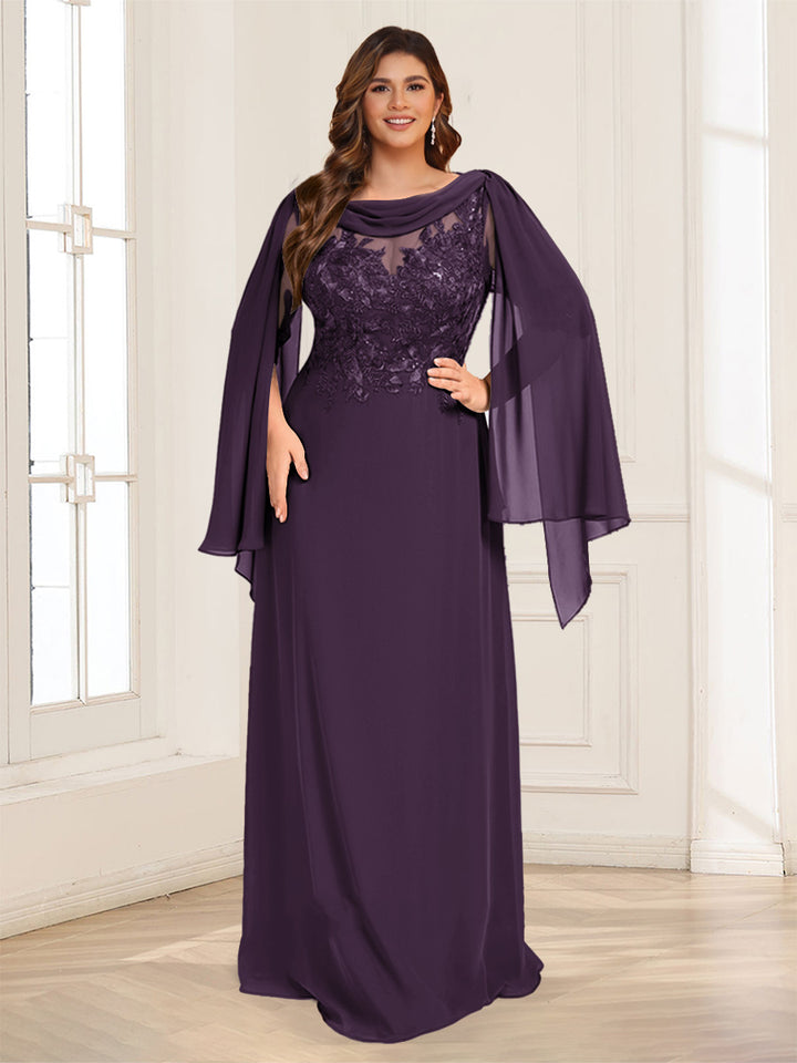A-Line/Princess Scoop Half Sleeves Floor-Length Plus Size Mother of the Bride Dresses with Lace &amp; Ruched
