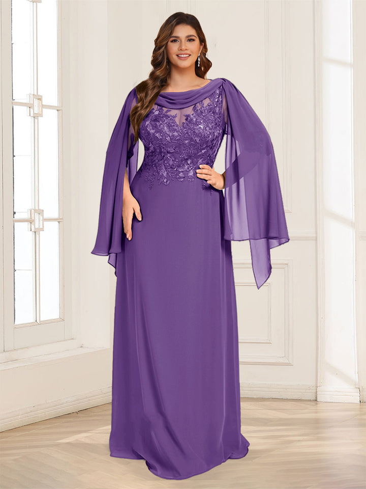 A-Line/Princess Scoop Half Sleeves Floor-Length Plus Size Mother of the Bride Dresses with Lace &amp; Ruched