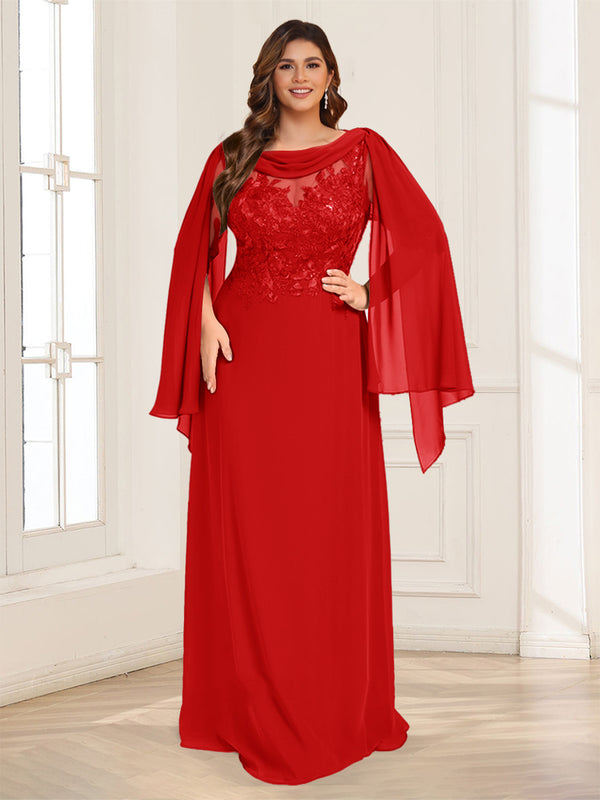 A-Line/Princess Scoop Half Sleeves Floor-Length Plus Size Mother of the Bride Dresses with Lace & Ruched