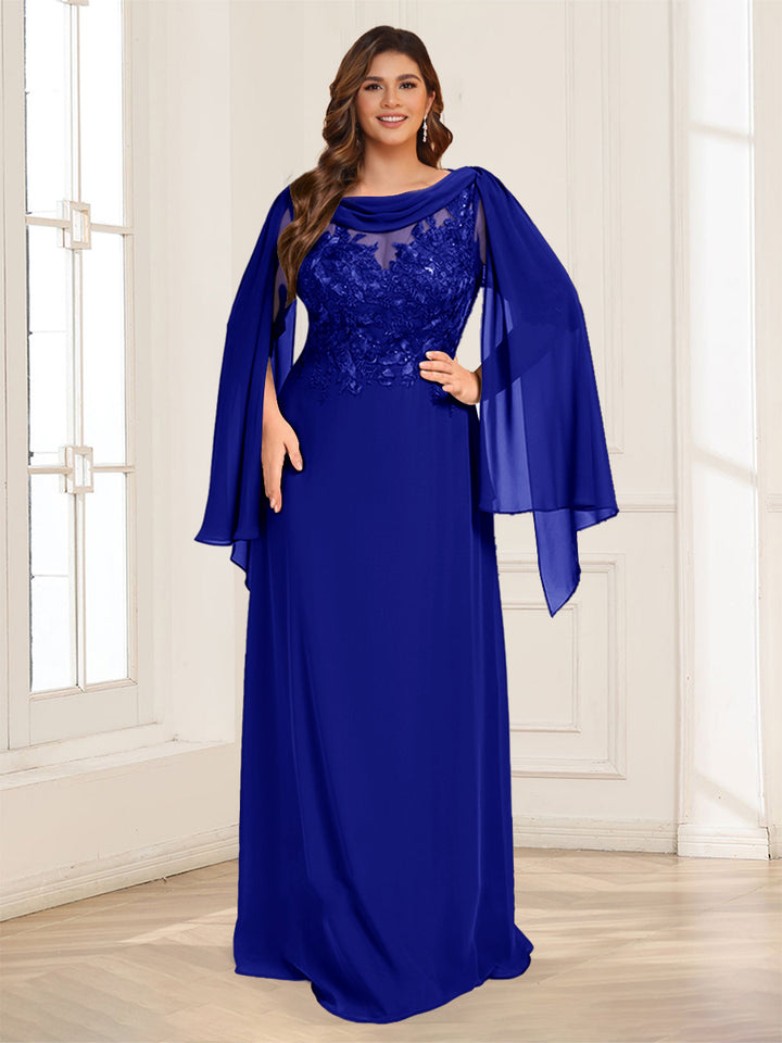 A-Line/Princess Scoop Half Sleeves Floor-Length Plus Size Mother of the Bride Dresses with Lace &amp; Ruched