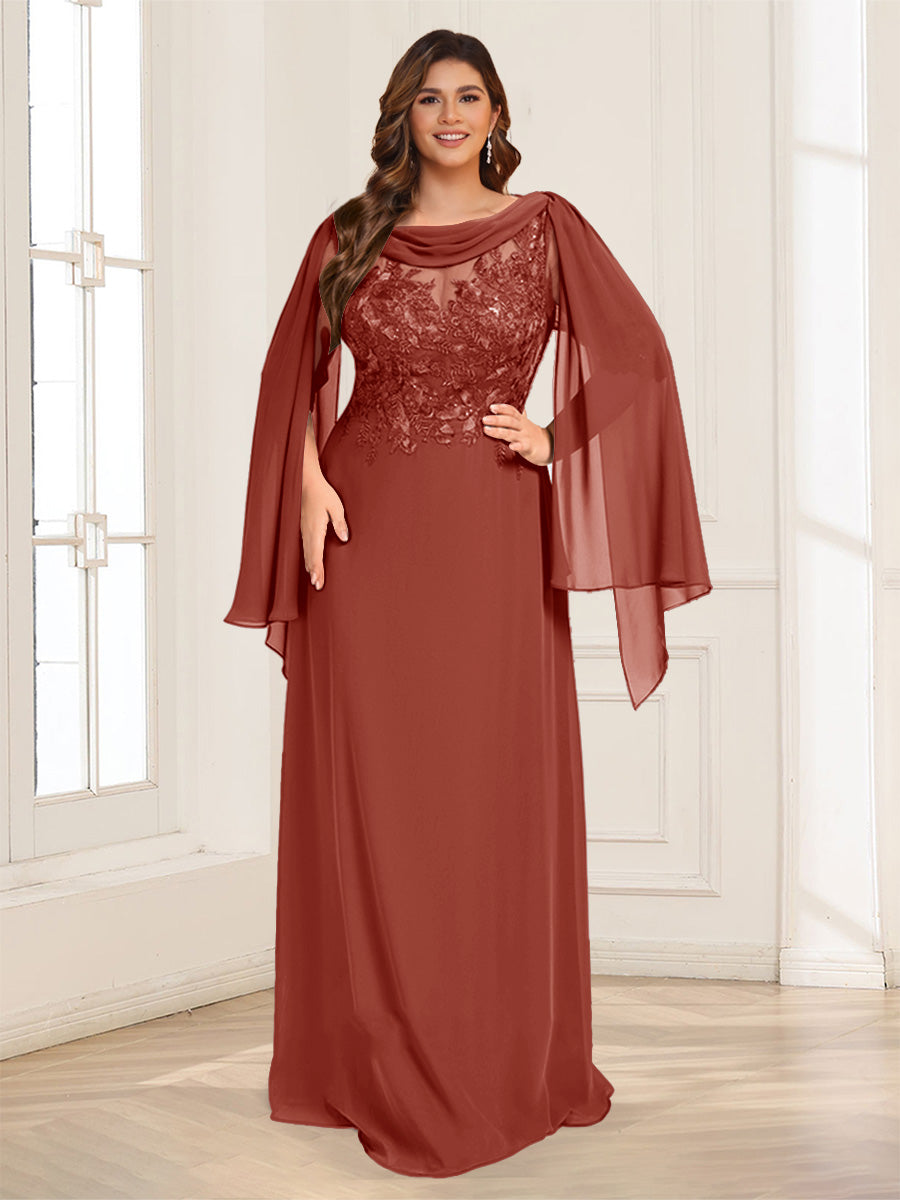 A-Line/Princess Scoop Half Sleeves Floor-Length Plus Size Mother of the Bride Dresses with Lace &amp; Ruched