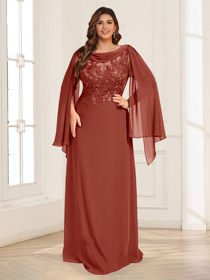 A-Line/Princess Scoop Half Sleeves Floor-Length Plus Size Mother of the Bride Dresses with Lace &amp; Ruched