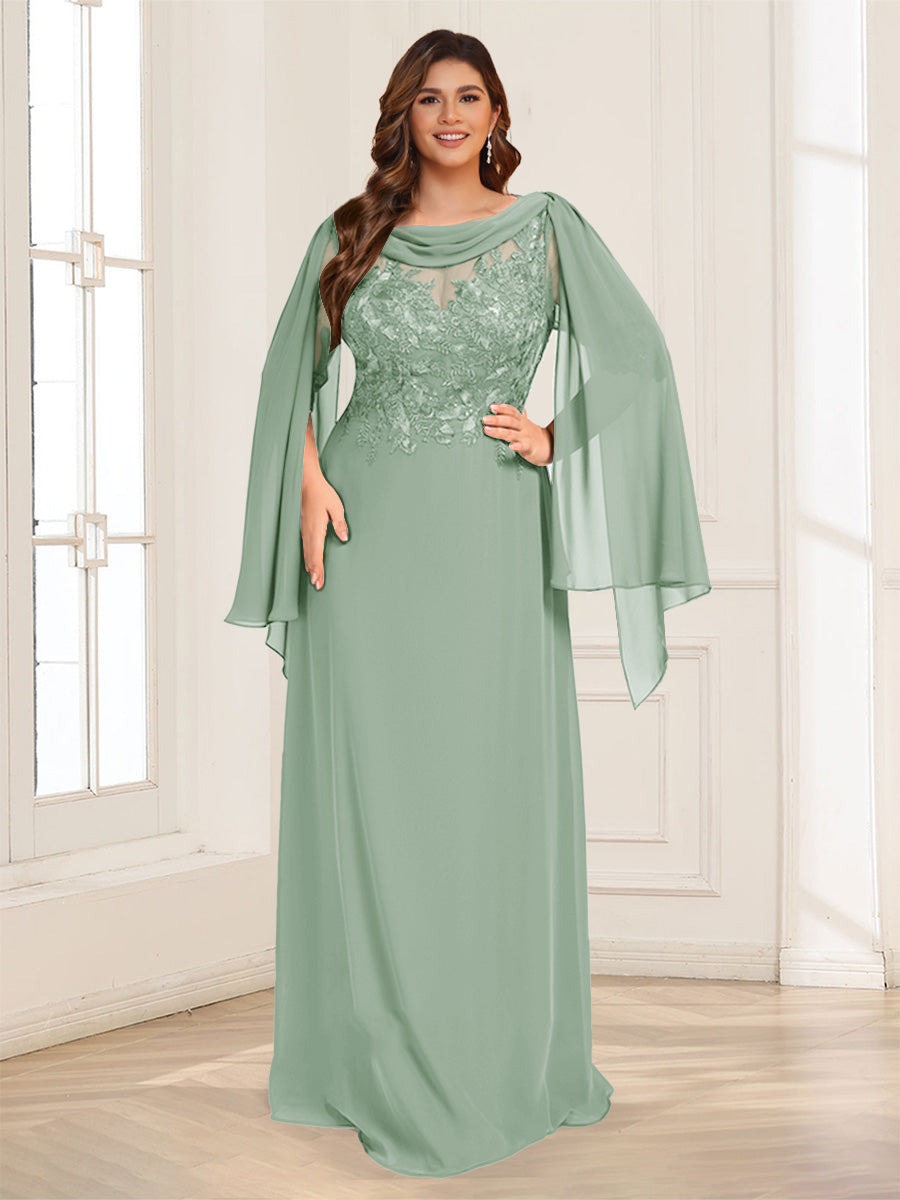 A-Line/Princess Scoop Half Sleeves Floor-Length Plus Size Mother of the Bride Dresses with Lace &amp; Ruched