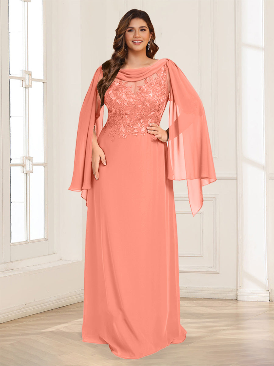 A-Line/Princess Scoop Half Sleeves Floor-Length Plus Size Mother of the Bride Dresses with Lace &amp; Ruched