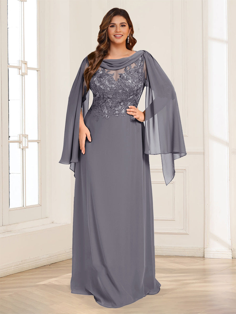 A-Line/Princess Scoop Half Sleeves Floor-Length Plus Size Mother of the Bride Dresses with Lace &amp; Ruched