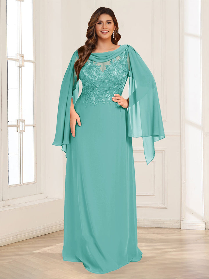 A-Line/Princess Scoop Half Sleeves Floor-Length Plus Size Mother of the Bride Dresses with Lace &amp; Ruched