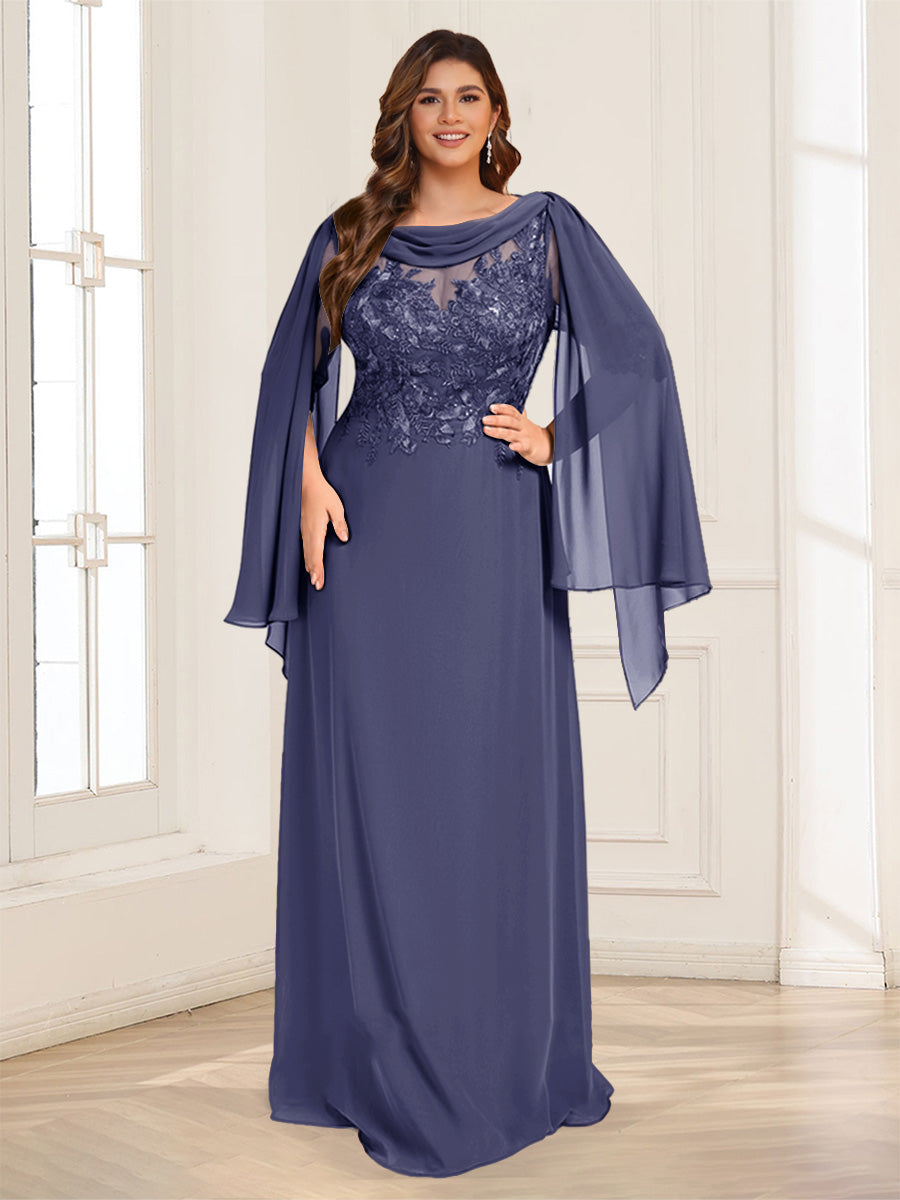 A-Line/Princess Scoop Half Sleeves Floor-Length Plus Size Mother of the Bride Dresses with Lace &amp; Ruched