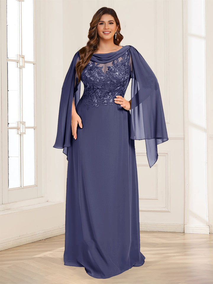 A-Line/Princess Scoop Half Sleeves Floor-Length Plus Size Mother of the Bride Dresses with Lace &amp; Ruched