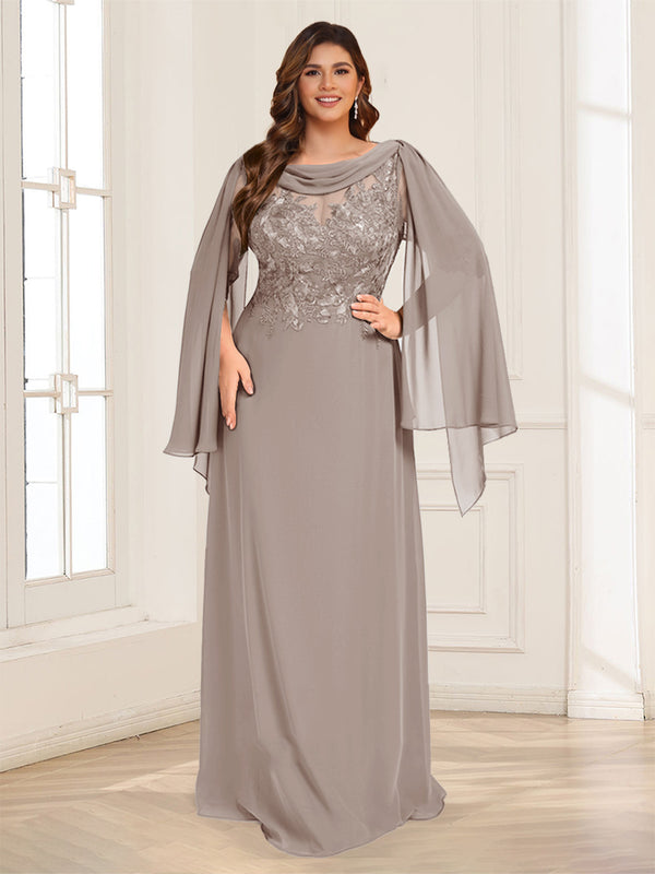 A-Line/Princess Scoop Half Sleeves Floor-Length Plus Size Mother of the Bride Dresses with Lace & Ruched