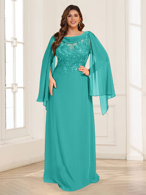 A-Line/Princess Scoop Half Sleeves Floor-Length Plus Size Mother of the Bride Dresses with Lace & Ruched