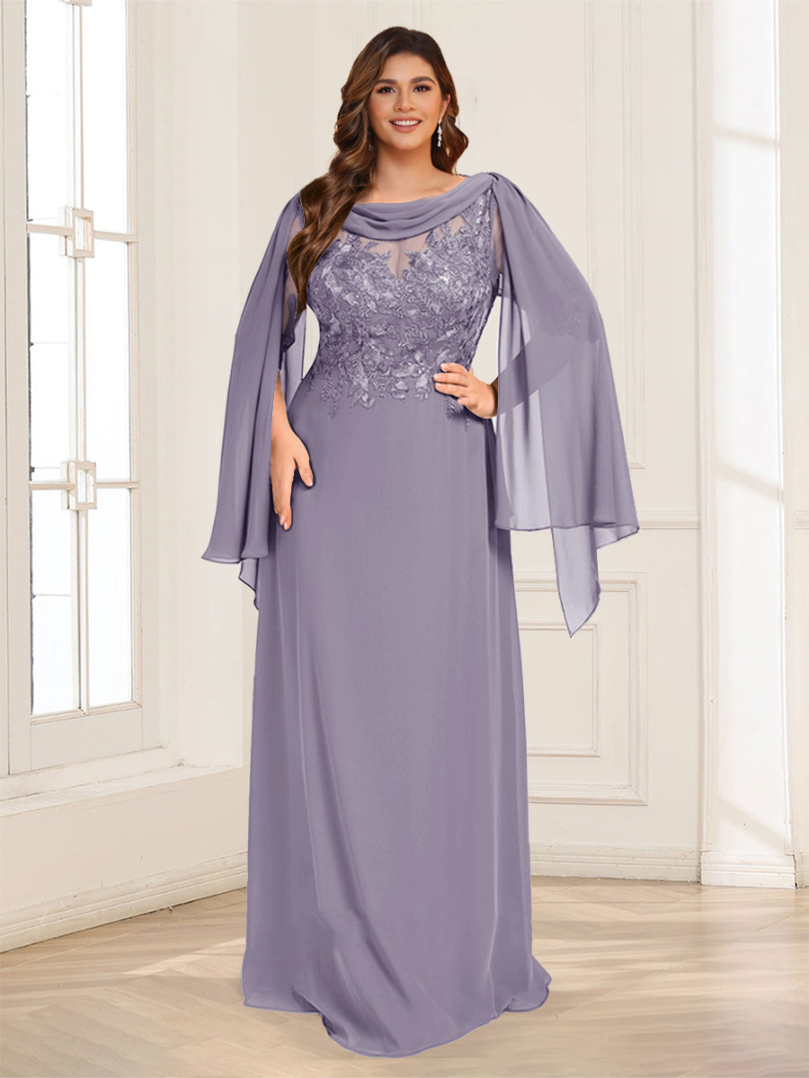 A-Line/Princess Scoop Half Sleeves Floor-Length Plus Size Mother of the Bride Dresses with Lace &amp; Ruched