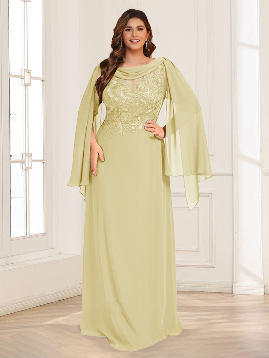 A-Line/Princess Scoop Half Sleeves Floor-Length Plus Size Mother of the Bride Dresses with Lace &amp; Ruched