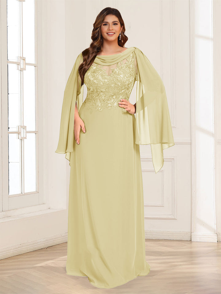 A-Line/Princess Scoop Half Sleeves Floor-Length Plus Size Mother of the Bride Dresses with Lace &amp; Ruched