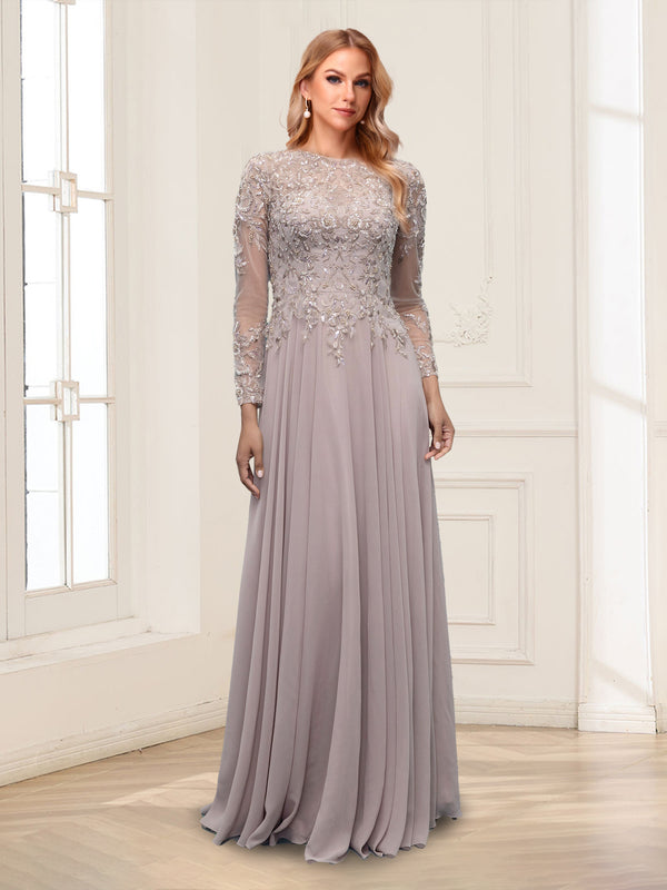A-Line/Princess Scoop Long Sleeves Floor-Length Mother of the Bride Dresses with Lace & Beading