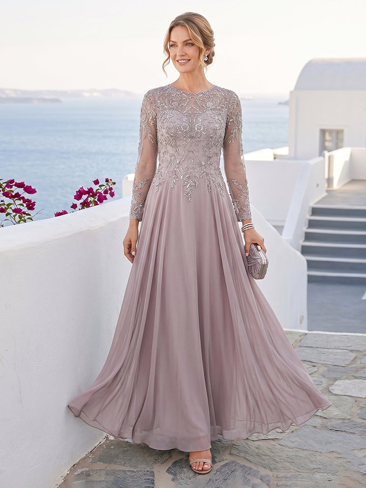 A-Line/Princess Scoop Long Sleeves Floor-Length Mother of the Bride Dresses with Lace &amp; Beading