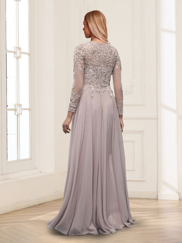 A-Line/Princess Scoop Long Sleeves Floor-Length Mother of the Bride Dresses with Lace & Beading