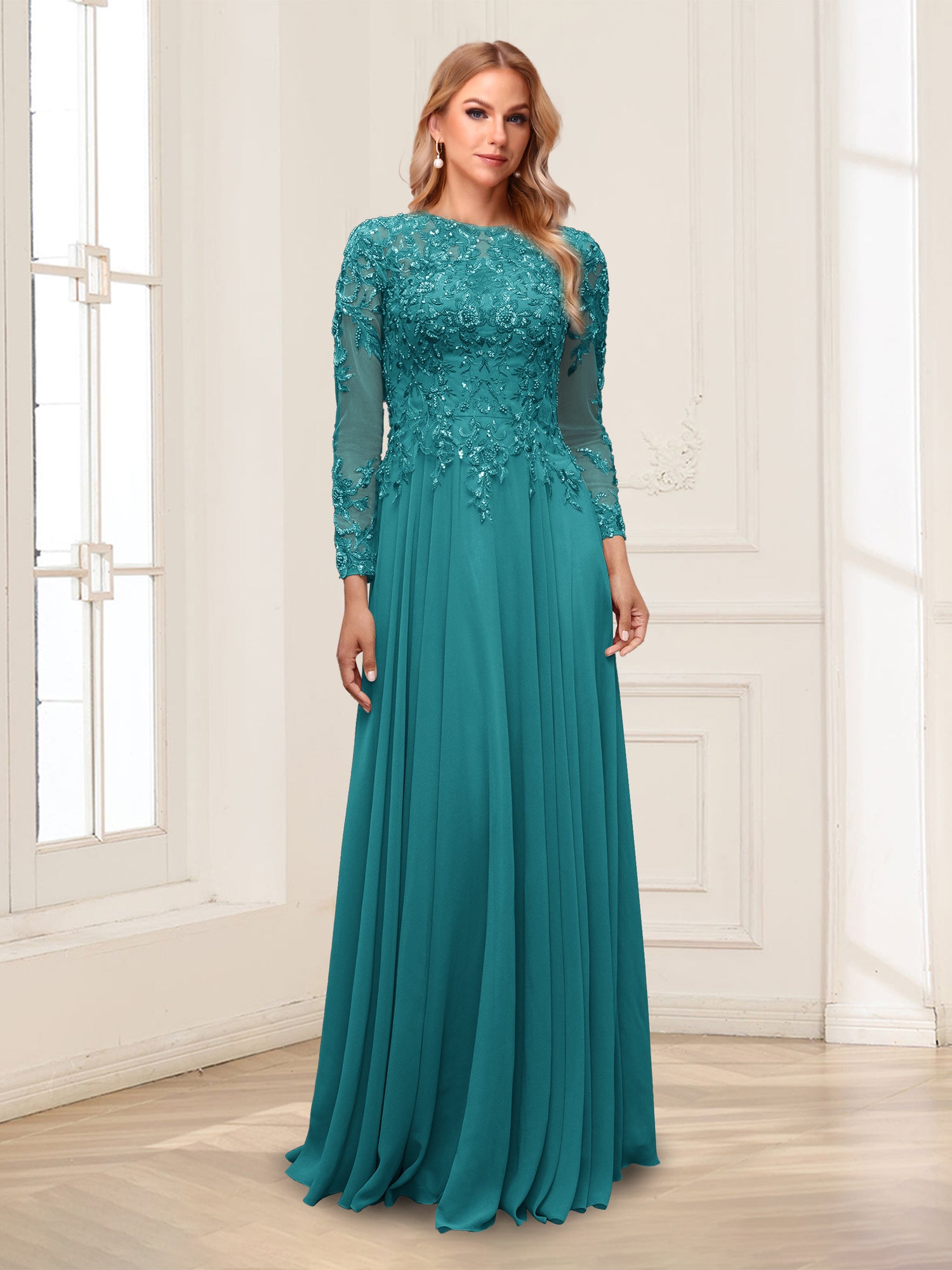 A-Line/Princess Scoop Long Sleeves Floor-Length Mother of the Bride Dresses with Lace & Beading