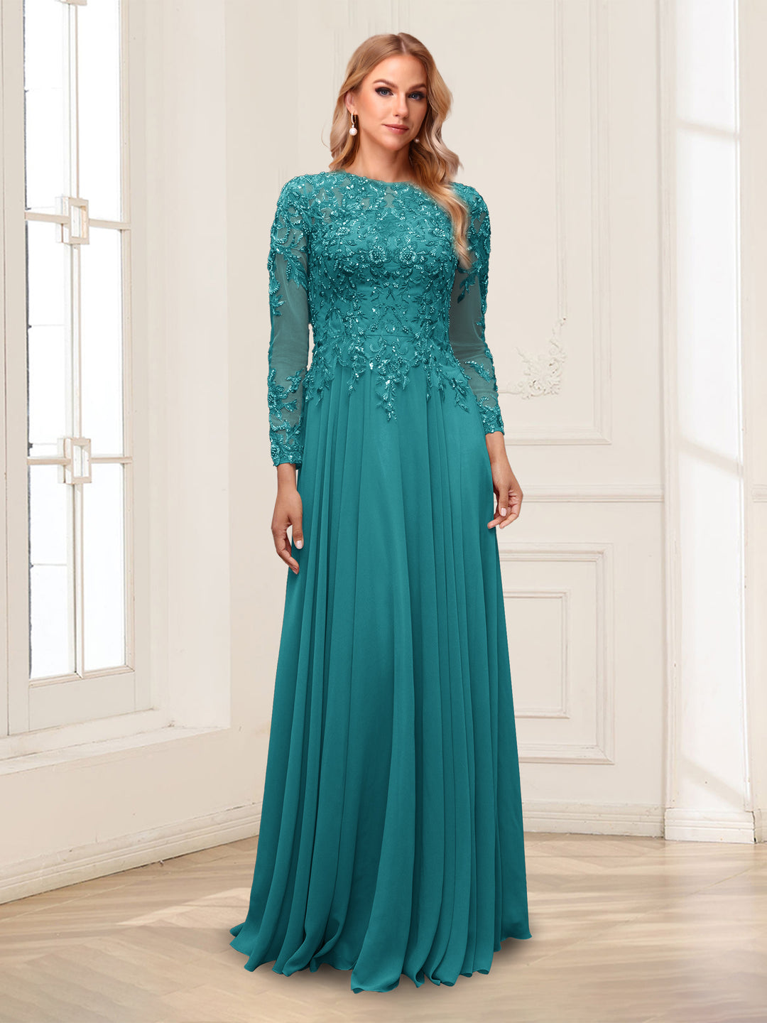 A-Line/Princess Scoop Long Sleeves Floor-Length Mother of the Bride Dresses with Lace &amp; Beading