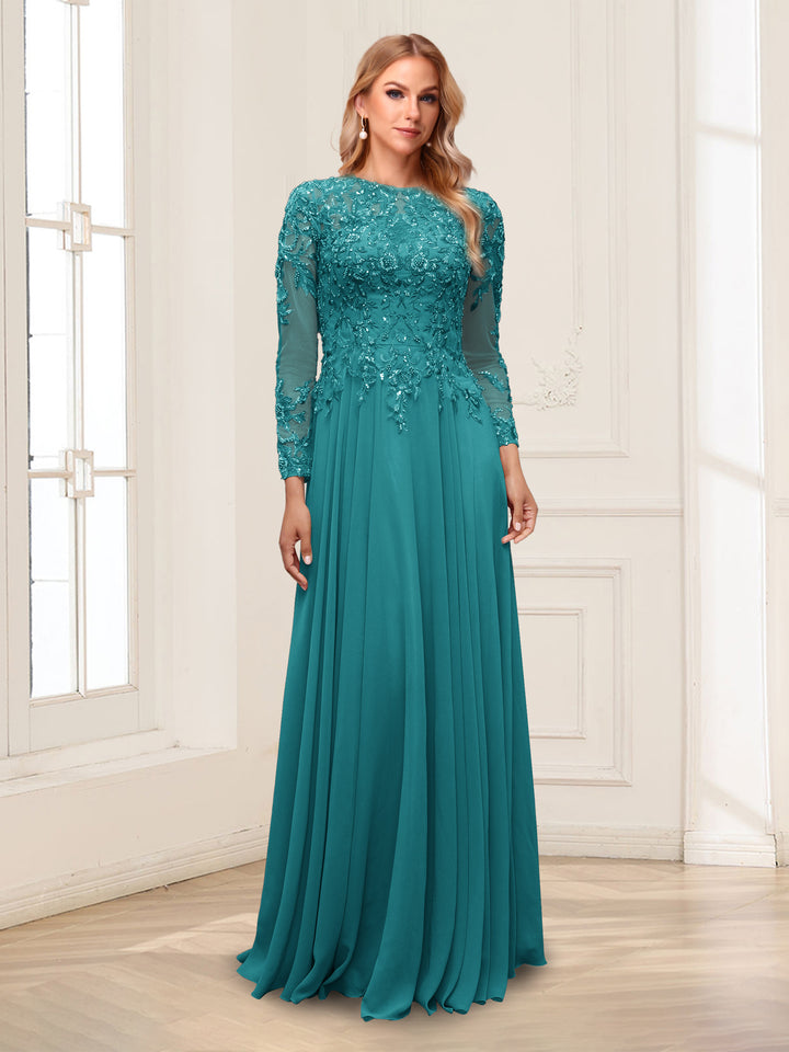 A-Line/Princess Scoop Long Sleeves Floor-Length Mother of the Bride Dresses with Lace &amp; Beading