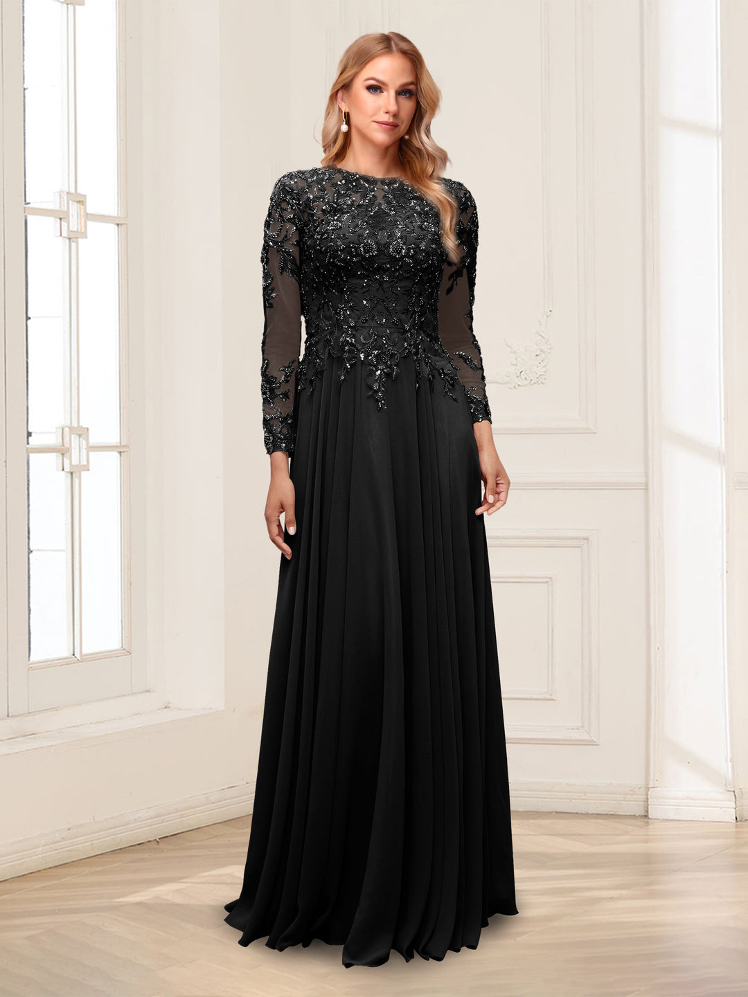 A-Line/Princess Scoop Long Sleeves Floor-Length Mother of the Bride Dresses with Lace &amp; Beading