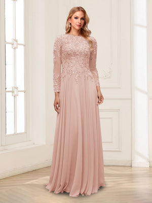 A-Line/Princess Scoop Long Sleeves Floor-Length Mother of the Bride Dresses with Lace & Beading