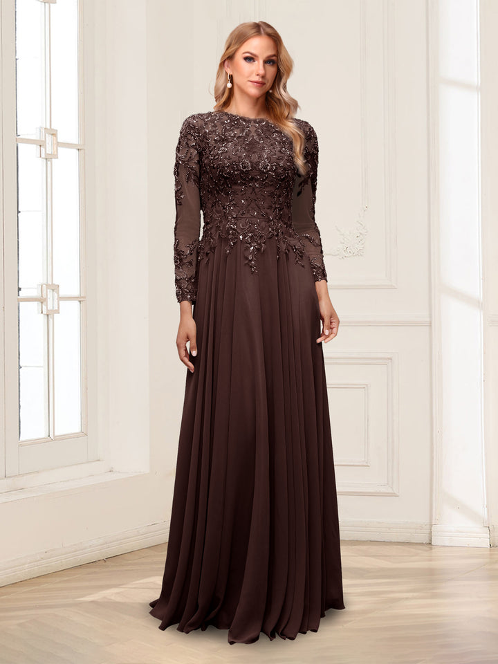 A-Line/Princess Scoop Long Sleeves Floor-Length Mother of the Bride Dresses with Lace &amp; Beading