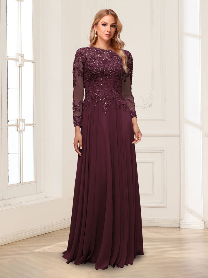 A-Line/Princess Scoop Long Sleeves Floor-Length Mother of the Bride Dresses with Lace &amp; Beading
