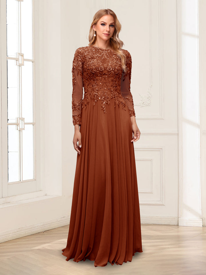 A-Line/Princess Scoop Long Sleeves Floor-Length Mother of the Bride Dresses with Lace &amp; Beading