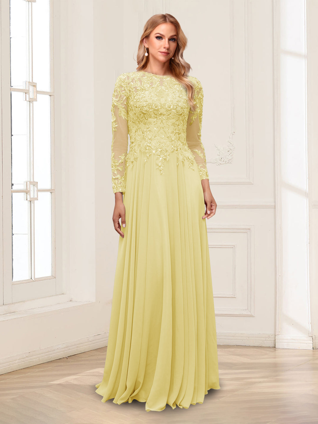 A-Line/Princess Scoop Long Sleeves Floor-Length Mother of the Bride Dresses with Lace &amp; Beading