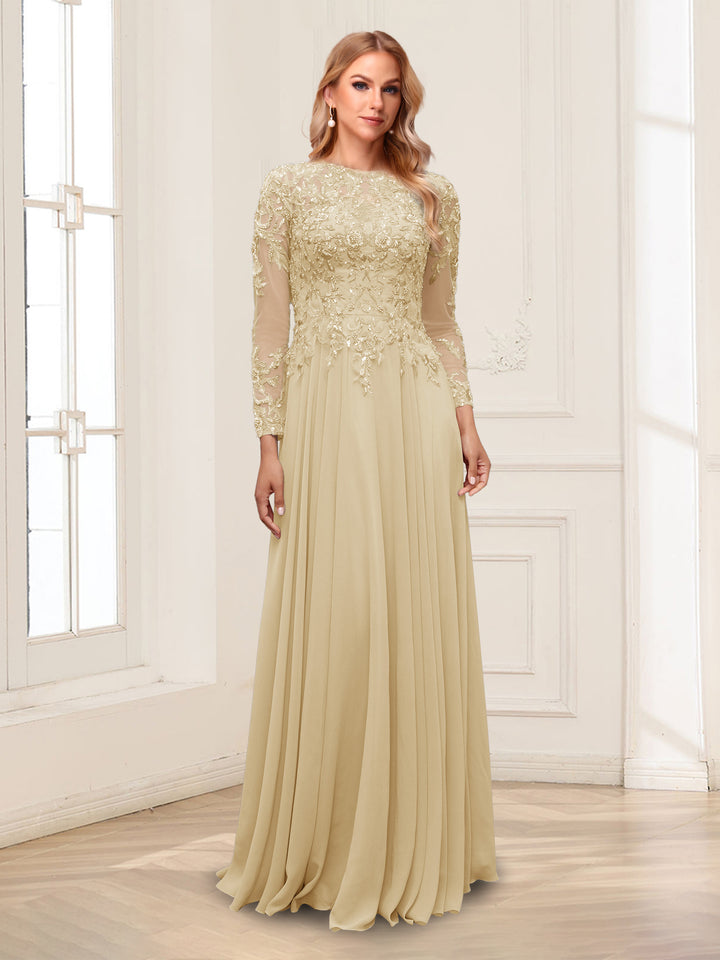 A-Line/Princess Scoop Long Sleeves Floor-Length Mother of the Bride Dresses with Lace &amp; Beading