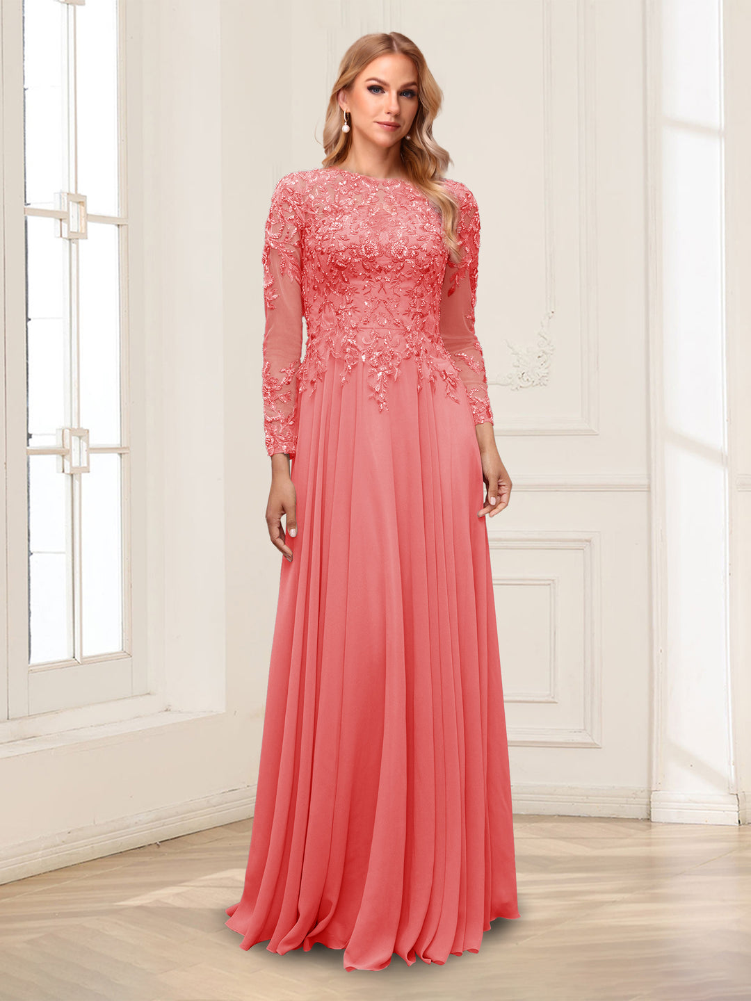 A-Line/Princess Scoop Long Sleeves Floor-Length Mother of the Bride Dresses with Lace &amp; Beading