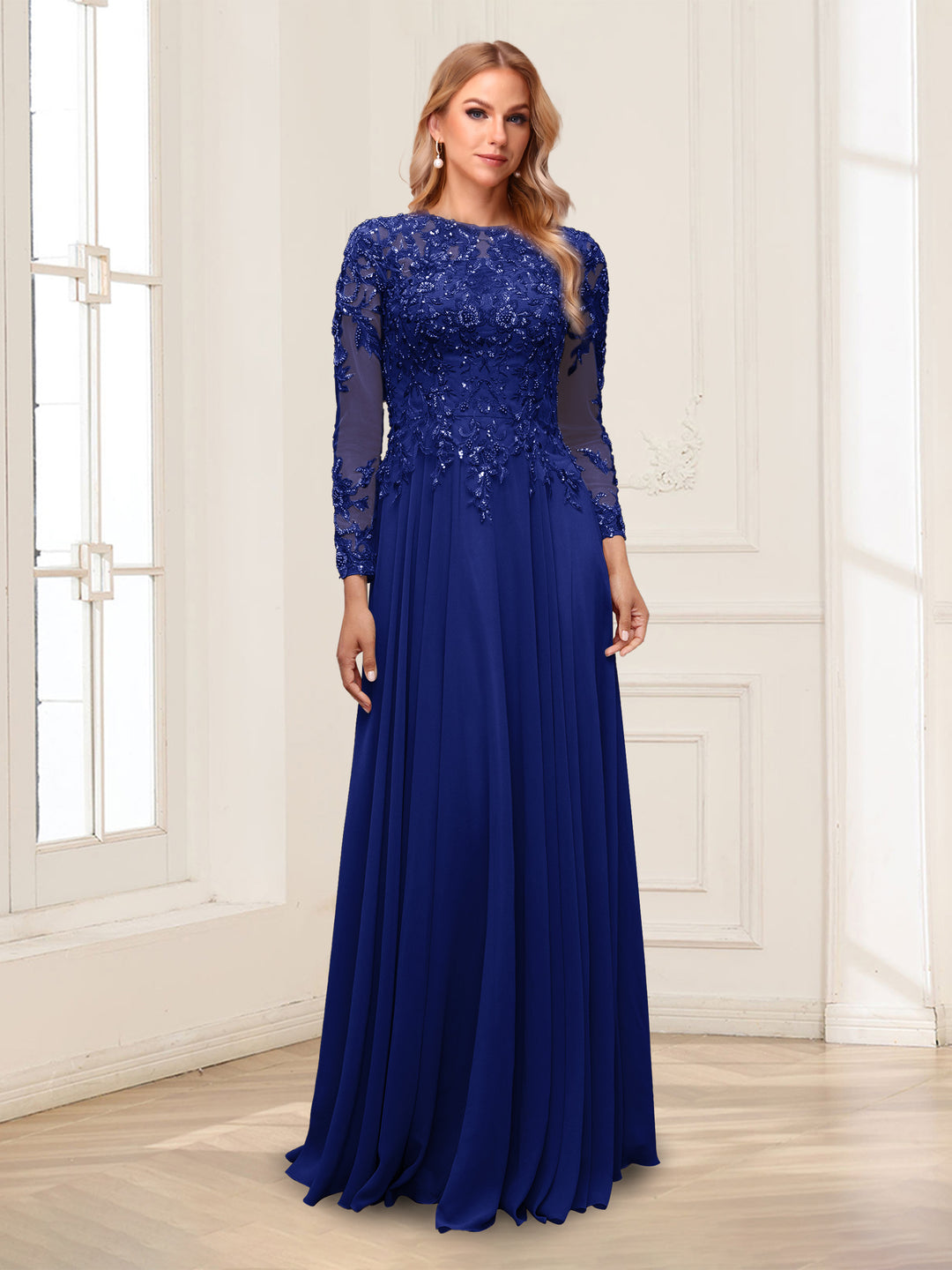 A-Line/Princess Scoop Long Sleeves Floor-Length Mother of the Bride Dresses with Lace &amp; Beading