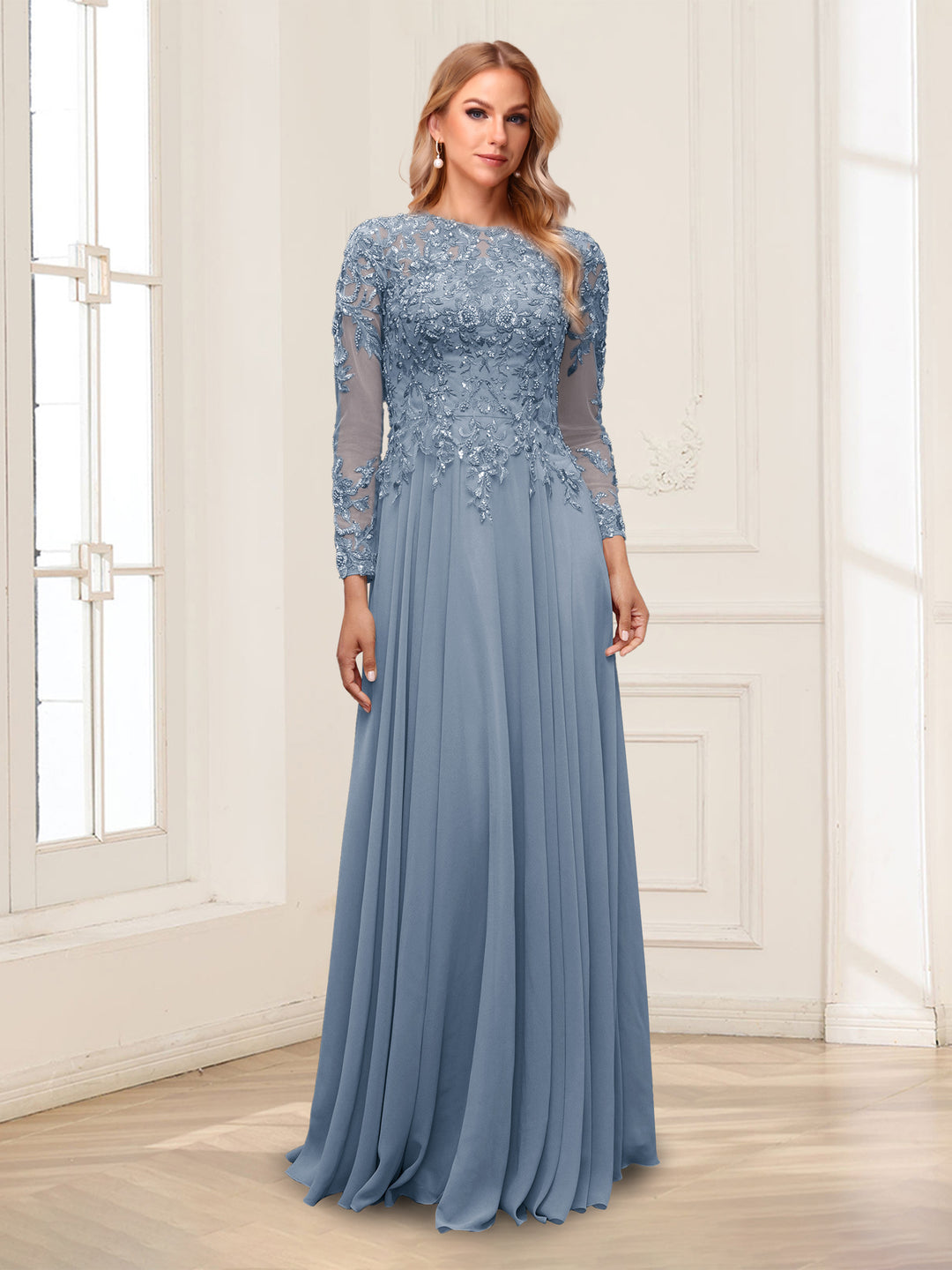 A-Line/Princess Scoop Long Sleeves Floor-Length Mother of the Bride Dresses with Lace &amp; Beading