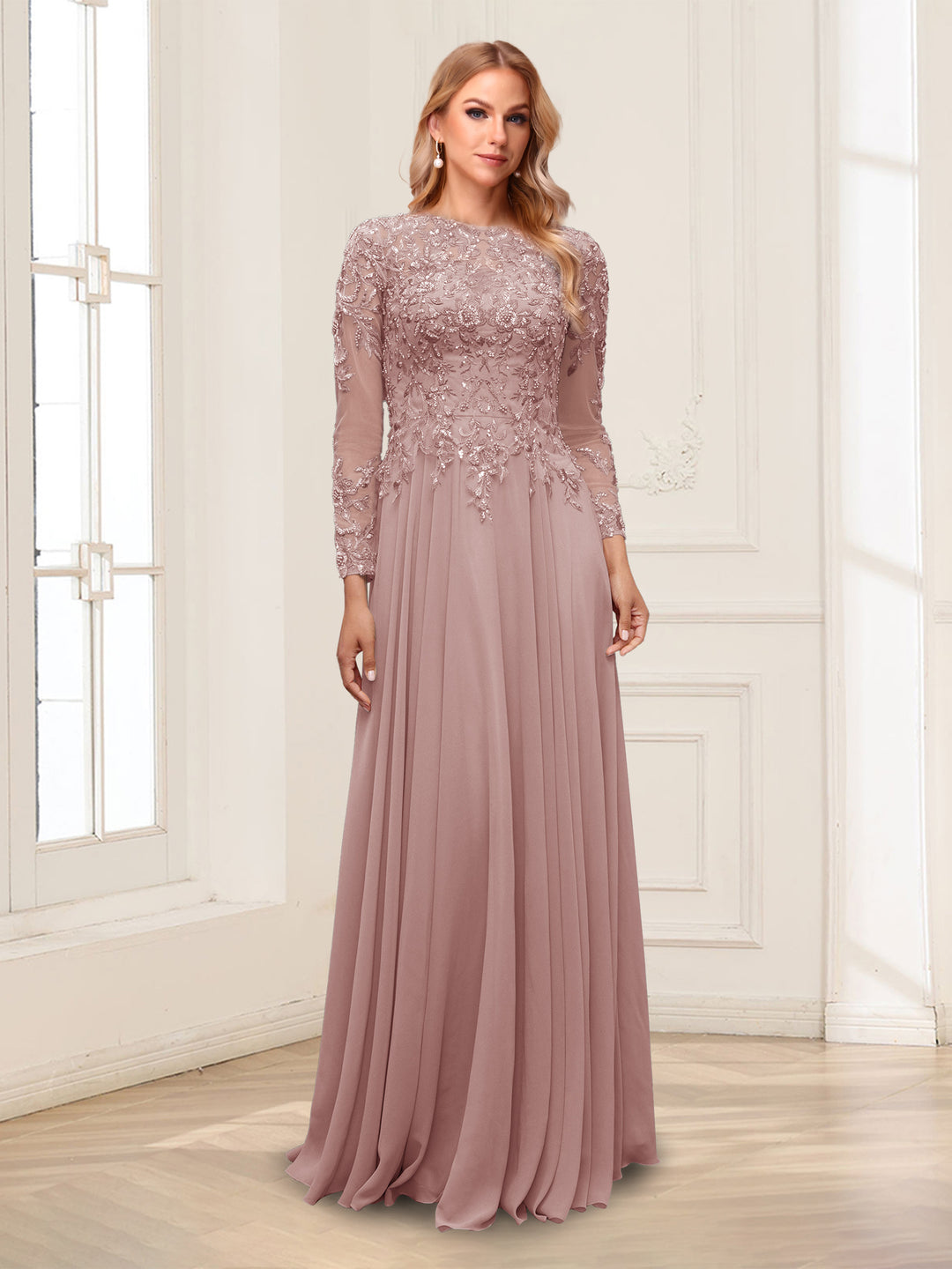A-Line/Princess Scoop Long Sleeves Floor-Length Mother of the Bride Dresses with Lace &amp; Beading