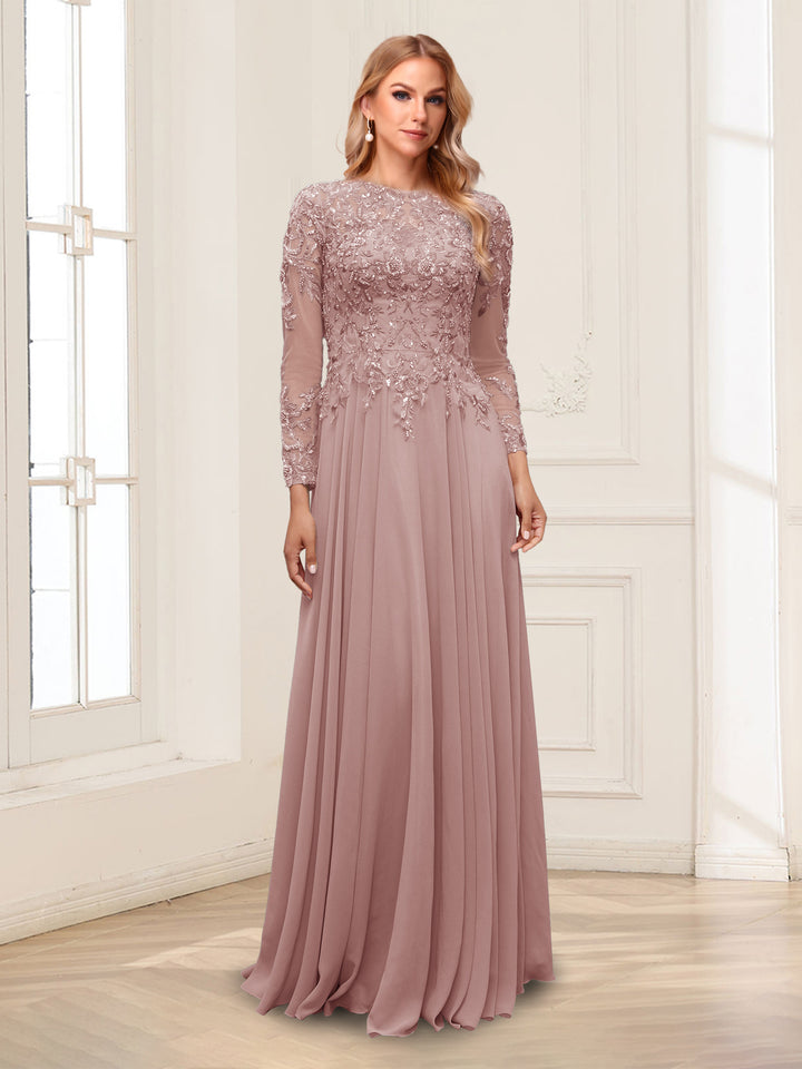 A-Line/Princess Scoop Long Sleeves Floor-Length Mother of the Bride Dresses with Lace &amp; Beading
