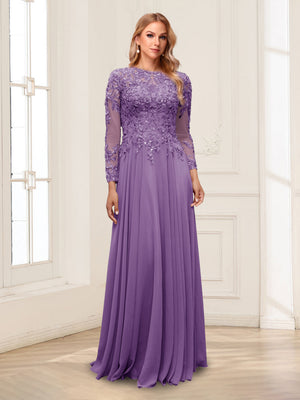 A-Line/Princess Scoop Long Sleeves Floor-Length Mother of the Bride Dresses with Lace & Beading