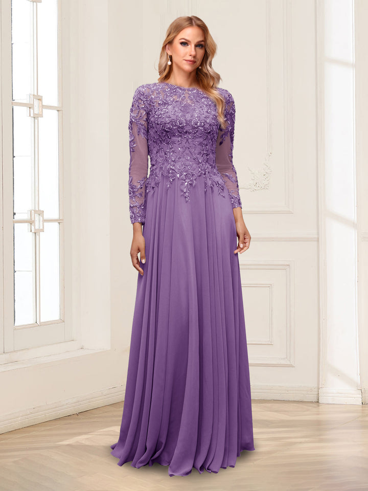 A-Line/Princess Scoop Long Sleeves Floor-Length Mother of the Bride Dresses with Lace &amp; Beading