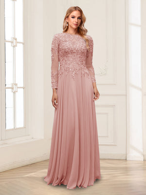 A-Line/Princess Scoop Long Sleeves Floor-Length Mother of the Bride Dresses with Lace & Beading