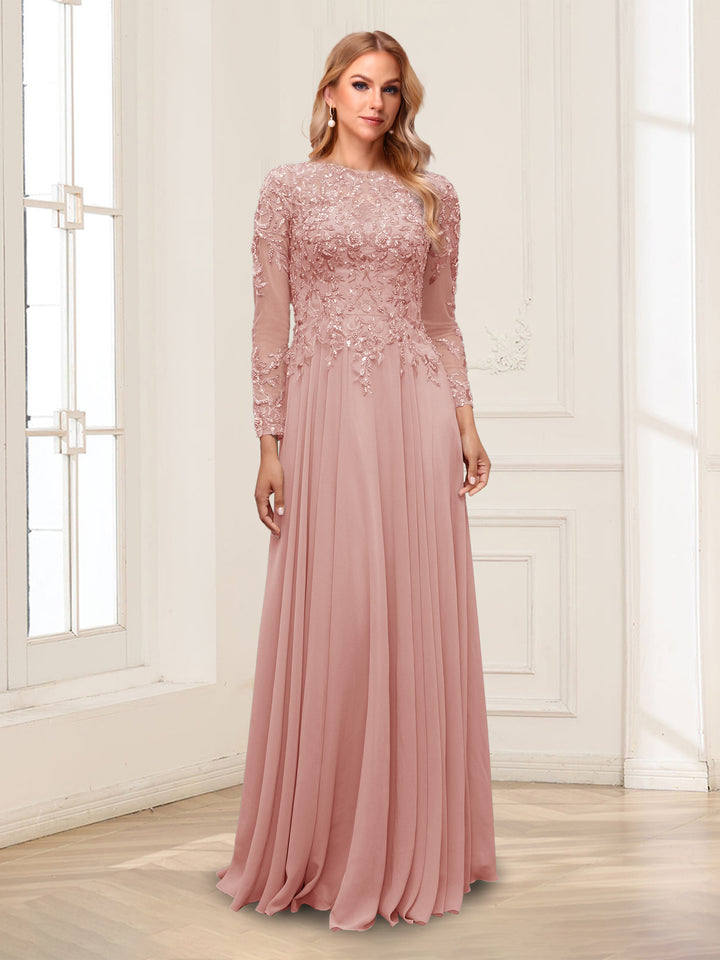 A-Line/Princess Scoop Long Sleeves Floor-Length Mother of the Bride Dresses with Lace &amp; Beading