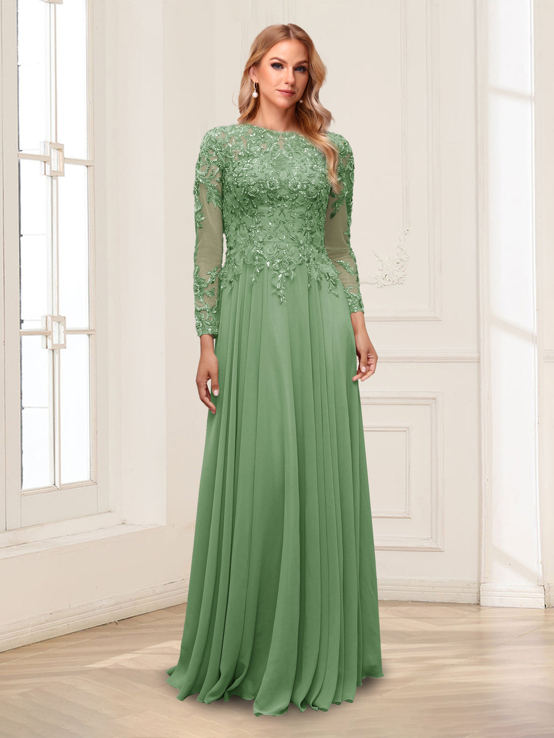 A-Line/Princess Scoop Long Sleeves Floor-Length Mother of the Bride Dresses with Lace &amp; Beading