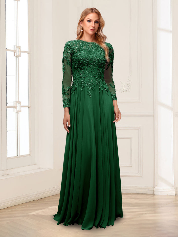 A-Line/Princess Scoop Long Sleeves Floor-Length Mother of the Bride Dresses with Lace &amp; Beading